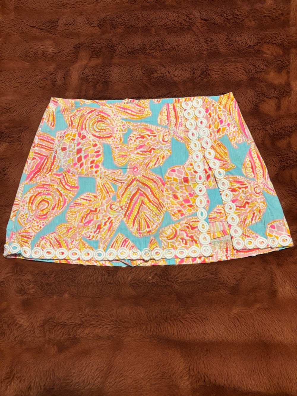 Lilly Pulitzer Aqua Shell-Print Mini Skort with White Lace Trim